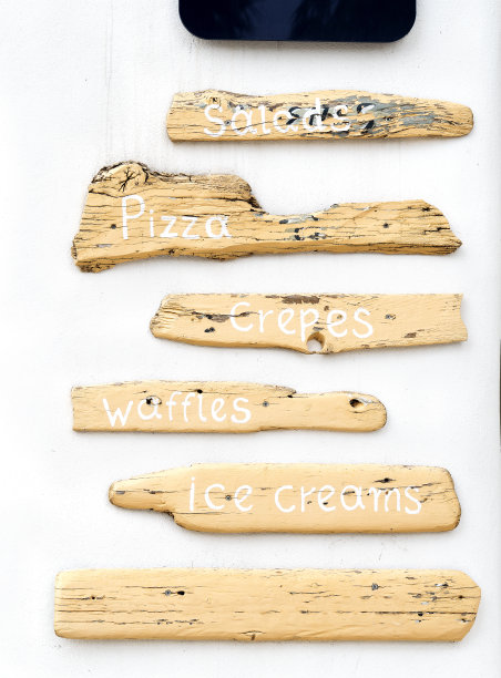 白色墙壁上的木制菜单招牌图片下载