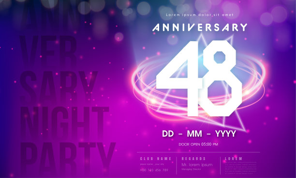 48周年纪念标志模板紫色抽象未来主义空间背景。第48届现代科技设计以高科技网络数字技术概念设计元素庆祝数字。图片下载