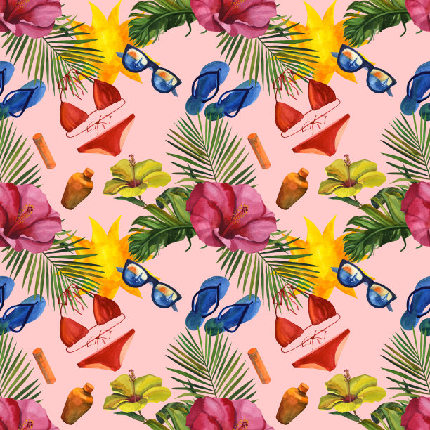 旅行和度假无缝模式。手绘水彩插图图片下载