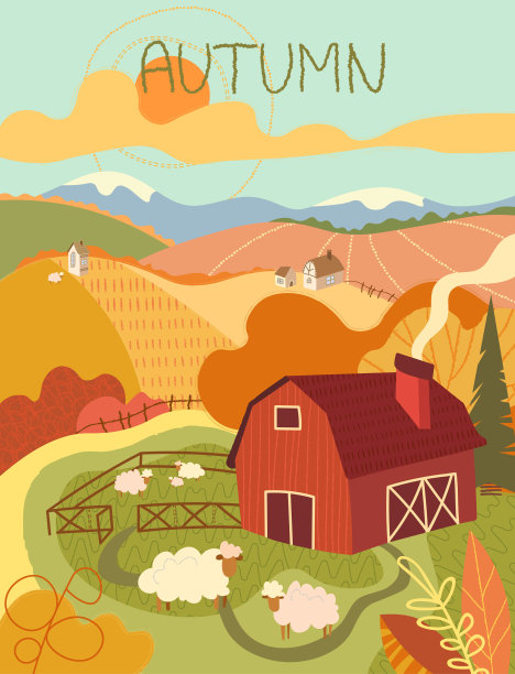 一群毛茸茸的绵羊在一个牧场附近的一个红色木制谷仓在起伏的山丘，农场的田野在秋天与彩色的橙色树叶。图片下载