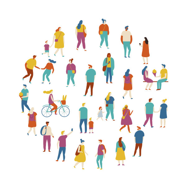 人群围成一圈。男人和女人装备。不同的走路和跑步的人。图片下载