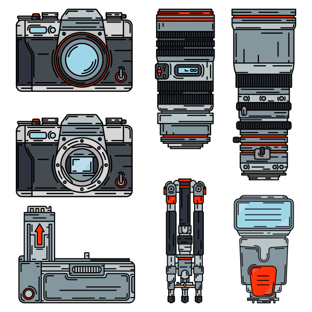 彩色矢量图标集数码摄影师专业设备。摄影艺术。摄影充电宝，三脚架，相机，镜头。卡通风格的插画，元素设计。快照照片工作室。图片下载