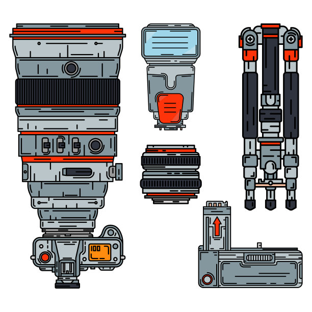 彩色矢量图标设置数码摄影师专业设备。摄影。摄影动力库，三脚架，照相机，镜头，闪光灯。卡通风格插画，元素设计。快照摄影工作室。图片下载
