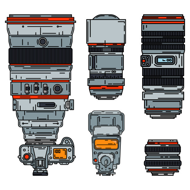 彩色矢量图标集数码摄影师专业设备。摄影艺术。摄影三脚架，相机，各种镜头，闪光灯。卡通风格的插画，元素设计。快照照片工作室。图片下载