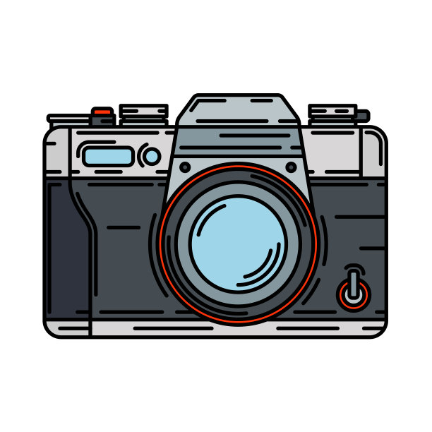 彩色矢量图标与数码单反专业相机。摄影艺术。像素photocamera。卡通风格插画，元素设计。摄影镜头。快照设备。数码摄影工作室。图片下载
