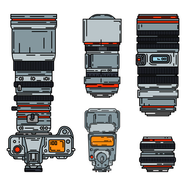 彩色矢量图标集数码摄影师专业设备。摄影艺术。摄影三脚架，相机，各种镜头，闪光灯。卡通风格的插画，元素设计。快照照片工作室。图片下载