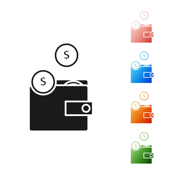 黑色钱包与硬币图标孤立的白色背景。钱包图标。现金储蓄的象征。设置图标丰富多彩。矢量图图片下载