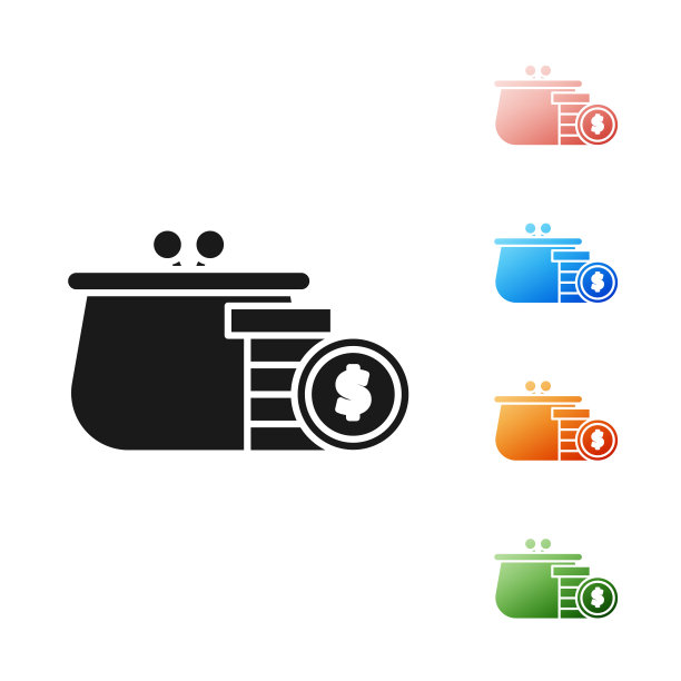 黑色钱包与硬币图标孤立的白色背景。钱包图标。现金储蓄的象征。设置图标丰富多彩。矢量图图片下载