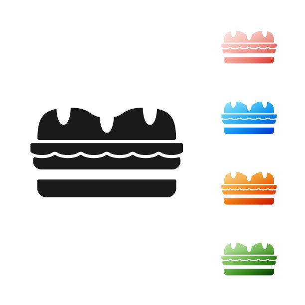 黑色三明治图标孤立的白色背景。汉堡图标。汉堡食品的象征。芝士汉堡三明治的迹象。街头快餐菜单。设置图标丰富多彩。矢量图图片下载