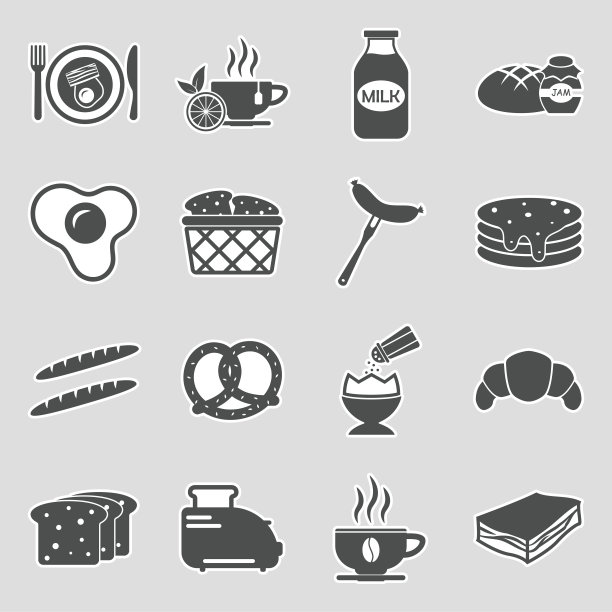 早餐食物图标。贴纸设计。矢量插图。图片下载