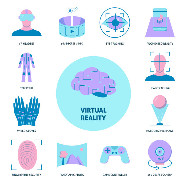 虚拟现实图标设置在平面风格图片下载