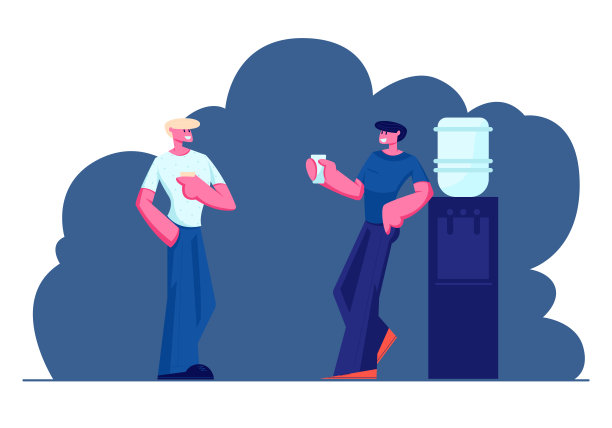 商务人士、朋友或同事在会议室喝咖啡。微笑放松的男人站在更凉爽的喝饮料下班后，友好的交谈。卡通平面矢量插图图片下载