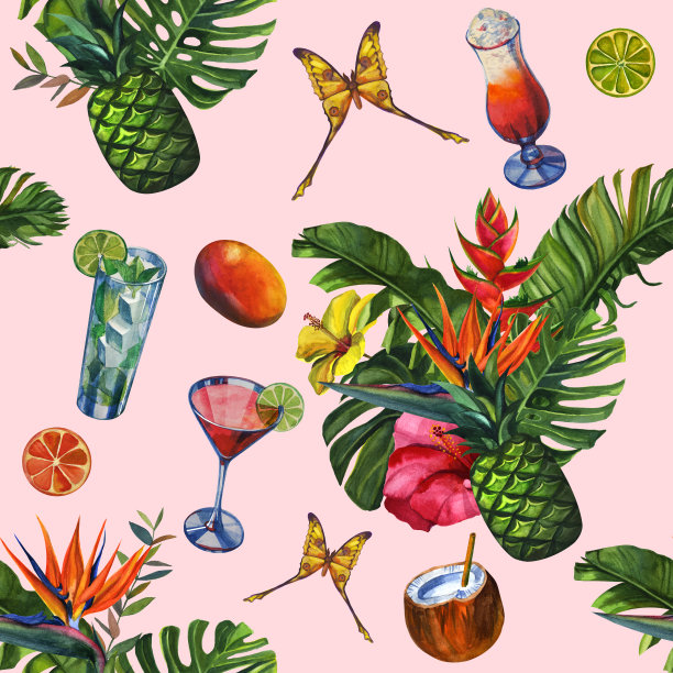 水彩图案的热带棕榈叶，香蕉，菠萝，饮料派对和鲜花。无缝模式图片下载