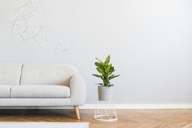极简抽象的室内开放空间，采用设计灰色沙发，植物上的篮子，三角形几何雕塑。灰色背景墙，镶木地板。房间的现代概念。模板。图片下载