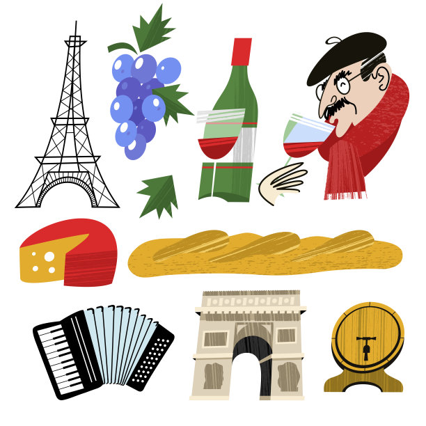 法国。复古手绘明信片，矢量插图。图片下载
