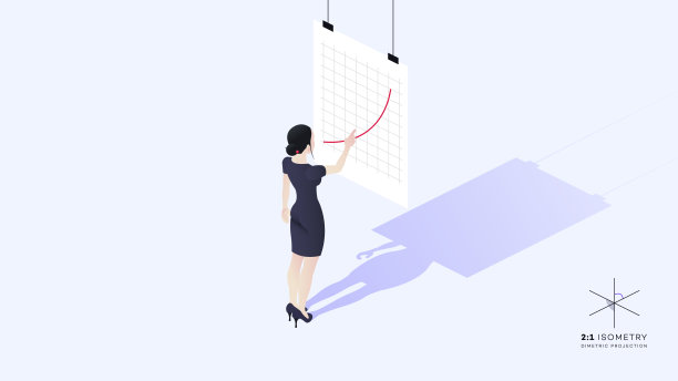 一位年轻漂亮的商务女士背对着观众站着。女孩的手指向生长图表。图片下载