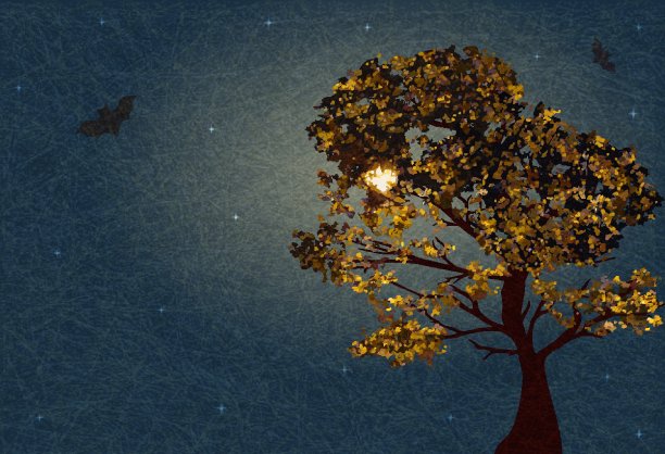 秋天的树在月夜和星空与蝙蝠的背景。矢量插图的快乐万圣节。图片下载