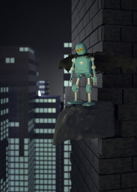 摩天大楼上的超级英雄机器人可以看到城市、飞艇、飞船、3d、渲染。图片下载