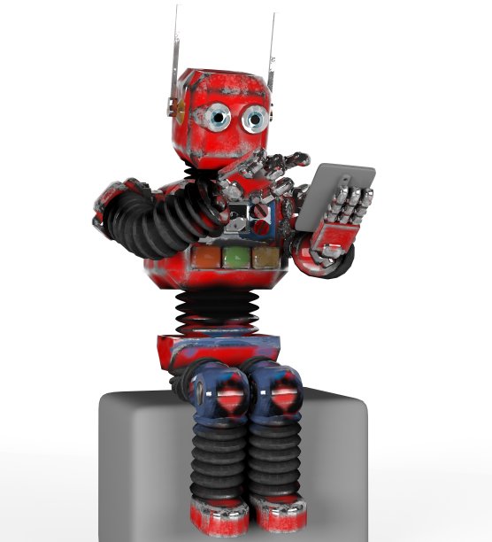 带电话的复古机器人，3d，渲染。图片下载