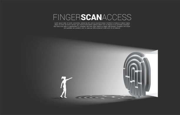 女商人在指纹扫描图标上按下拇指指纹进入大门。图片下载