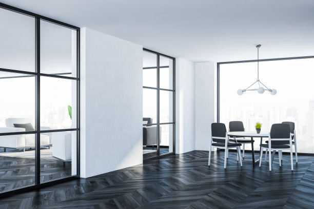 白色餐厅，深色木地板图片下载