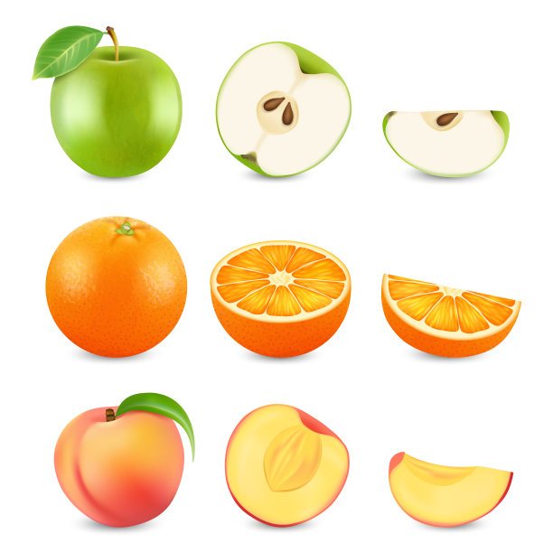 真实的切割水果孤立在白色的背景。向量苹果，橘子和桃子图片下载