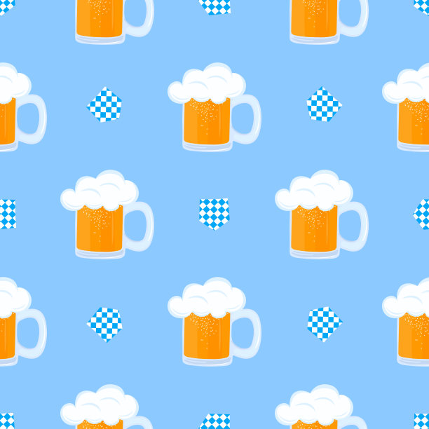 一大杯有泡沫和装饰旗的啤酒。啤酒节无缝模式图片下载