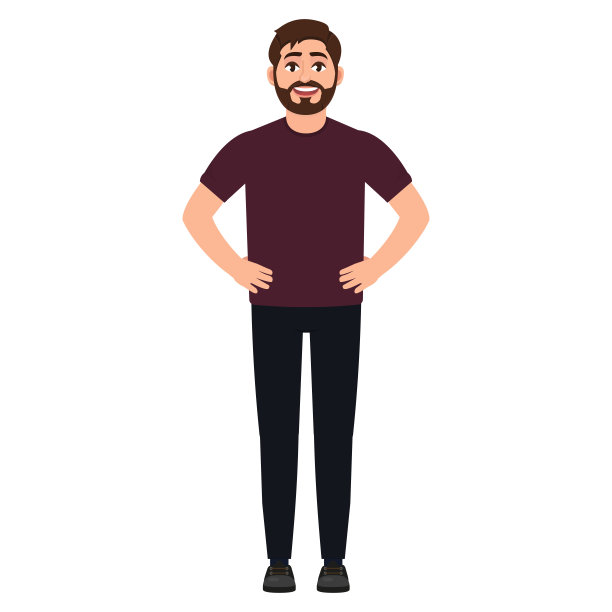 自信的大胡子小伙，一个男人站在英雄的姿势，卡通人物矢量插图图片下载