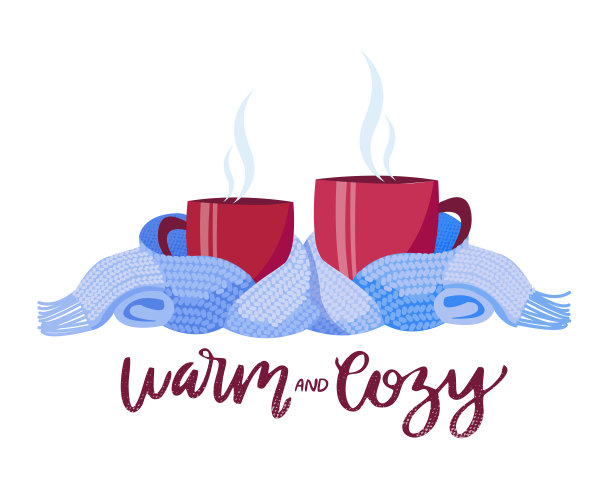 两个编织围巾的葡萄酒杯。由两个杯子组成，上面写着温馨的祝愿和舒适的感觉。杯子，裹在温暖的围巾里。轻松茶话会的气氛。平面卡通插图上的白色背景图片下载