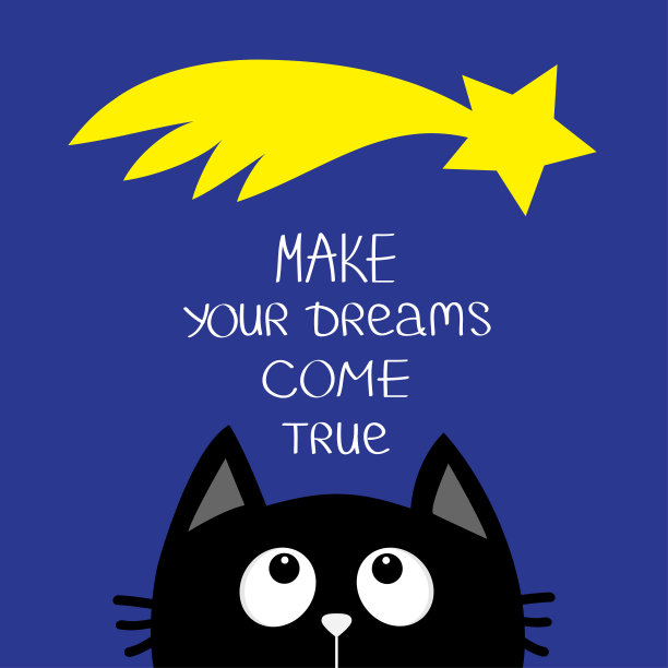 黑猫仰望着彗星。让你的梦想成真。引用动机书法灵感短语。可爱的卡通人物。卡哇伊的动物。平面蓝色背景。孤立。图片下载