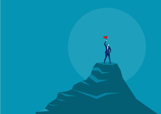 商人举着红旗，站在太阳下的山顶上。插画家图片下载