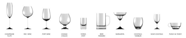 3D插图的葡萄酒和鸡尾酒饮料的大收集各种玻璃隔离在白色，侧视图-饮酒玻璃渲染图片下载