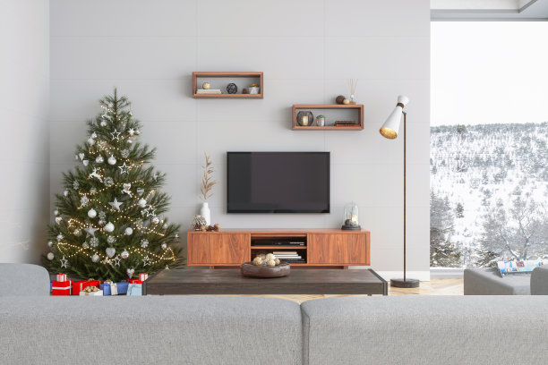 智能电视模型与空白屏幕在现代客厅与圣诞树，礼物和沙发图片下载