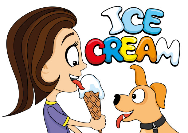 手里拿着冰淇淋的女孩和可爱的狗。图片下载