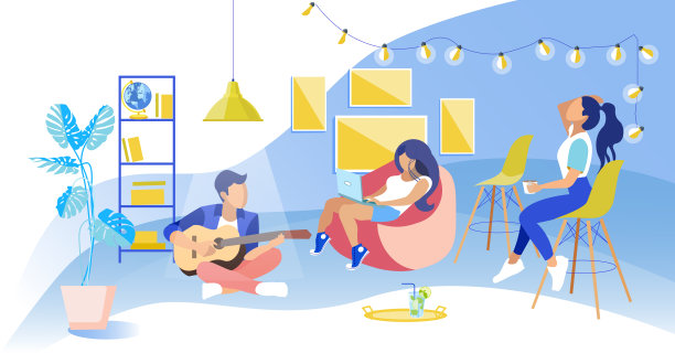 坐在椅子上的女孩看着男孩坐在地板上弹吉他图片下载