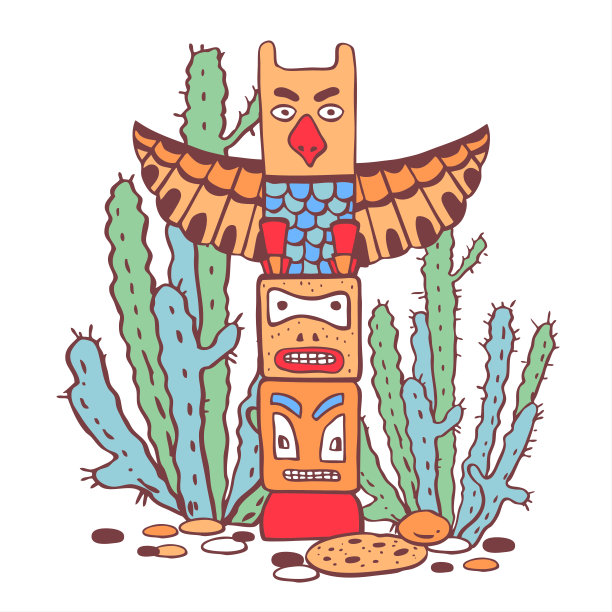 美洲土著传统图腾柱和仙人掌。彩色矢量手绘轮廓涂鸦素描插图图片下载