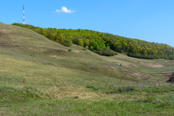 美丽的春景:树木、森林、山峦、丘陵、田野、草地、蓝天。图片下载