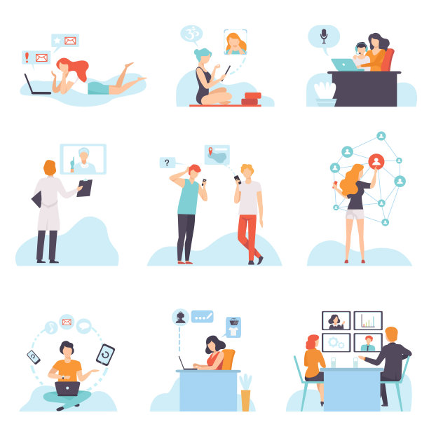 人们通过互联网与移动设备沟通设置，青年男女聊天，购买，会议，讨论，写电子邮件，社交网络矢量插图图片下载