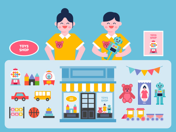 玩具商店内部矢量插图。玩具平面图标设置。图片下载