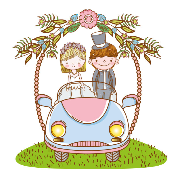 女人和男人结婚的车里有花和植物图片下载