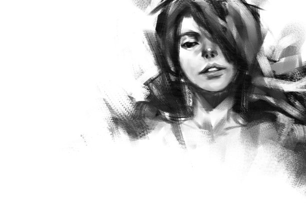 数码艺术画的女孩肖像与空白画布，丙烯在画布上纹理图片下载