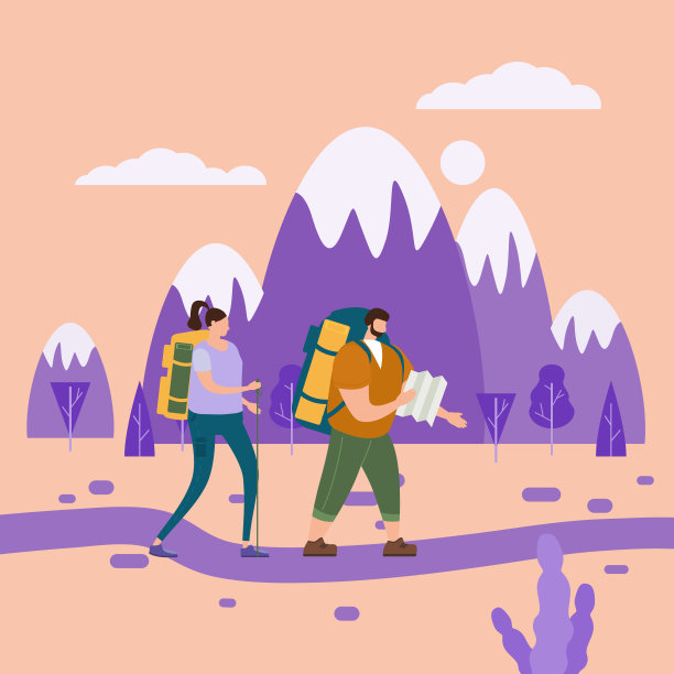 游客情侣相爱的户外旅游活动-冒险旅行，徒步旅行，旅游运动和娱乐背包或露营野外自然徒步旅行。山的风景。一对游客、背包客或朋友一起旅行。平图片下载