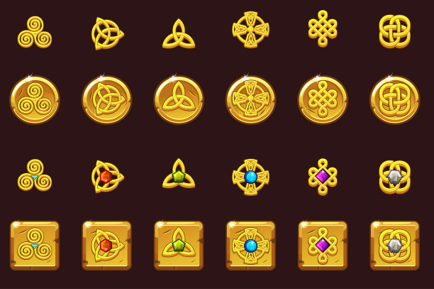 用宝石设置图标凯尔特符号。金币和镶有宝石的正方形。卡通集凯尔特图标。图片下载