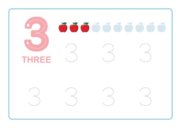 数字跟踪和书写跟踪工作表的幼儿园学习数字与苹果剪纸计数工作表免费手写矢量插图图片下载