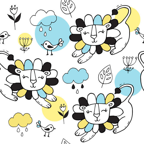 可爱的无缝图案与热带动物在白色的背景。狮子和鸟在丛林里。热带的一部分。图片下载