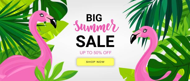 印有热带树叶和粉红色火烈鸟的夏季促销横幅。手字母文字。季节假期，周末，假日标志。非常适合卡片，小册子，传单，广告海报模板。图片下载