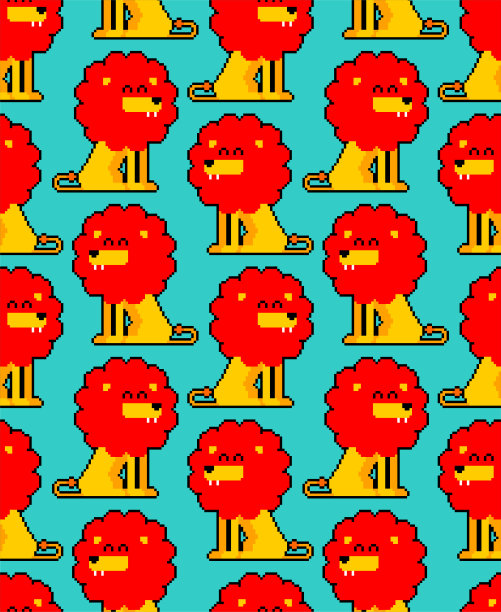 狮子像素艺术图案无缝衔接。可爱的狮子座8位背景。矢量纹理图片下载