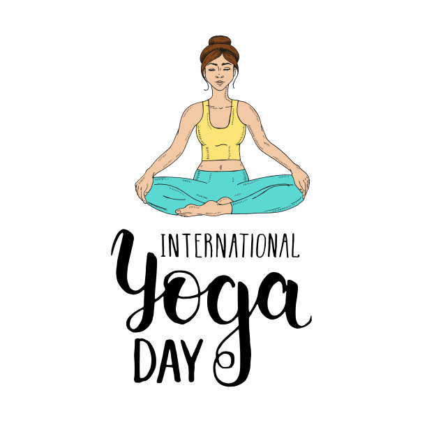 国际瑜伽的一天。少女在白莲花的位置上。莲花女冥想在素描风格。瑜伽。标志。手写的字体。健身和运动图片下载