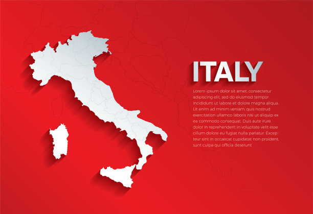 带有阴影的意大利地图。在红色背景上切割孤立的纸。矢量插图。图片下载