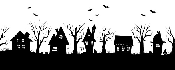 万圣节的房子。令人毛骨悚然的村庄。无缝的边界图片下载